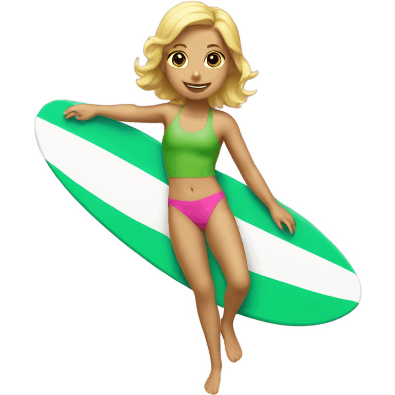 Blonde girl surfing with a green and pink swimsuit emoji