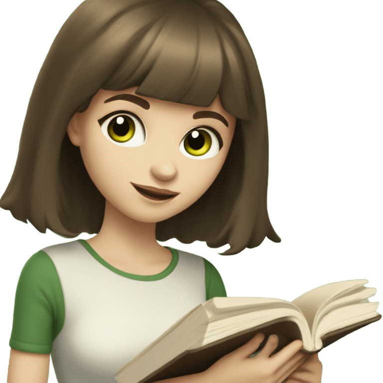 Girl with shoulder length brown hair, wispy bangs, green eyes, pale skin, reading a book emoji