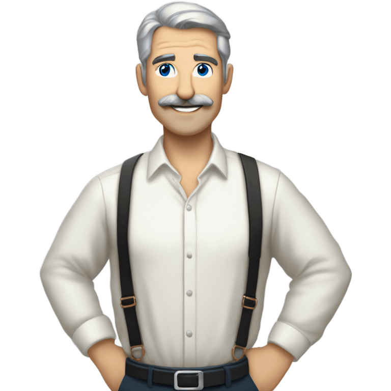 side a white man with blue eyes a thick dark brown and grey moustache, down turned black eyebrows and then dark grey hair he’s wearing an expensive watch and a white shirt and black dressy pants with beige loafers he’s looking at her smiling”  emoji