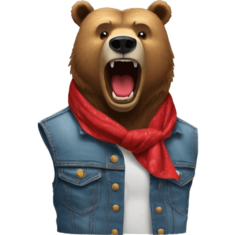 grizzly bear wearing sleeveless jean jacket and red bandana with open mouth emoji