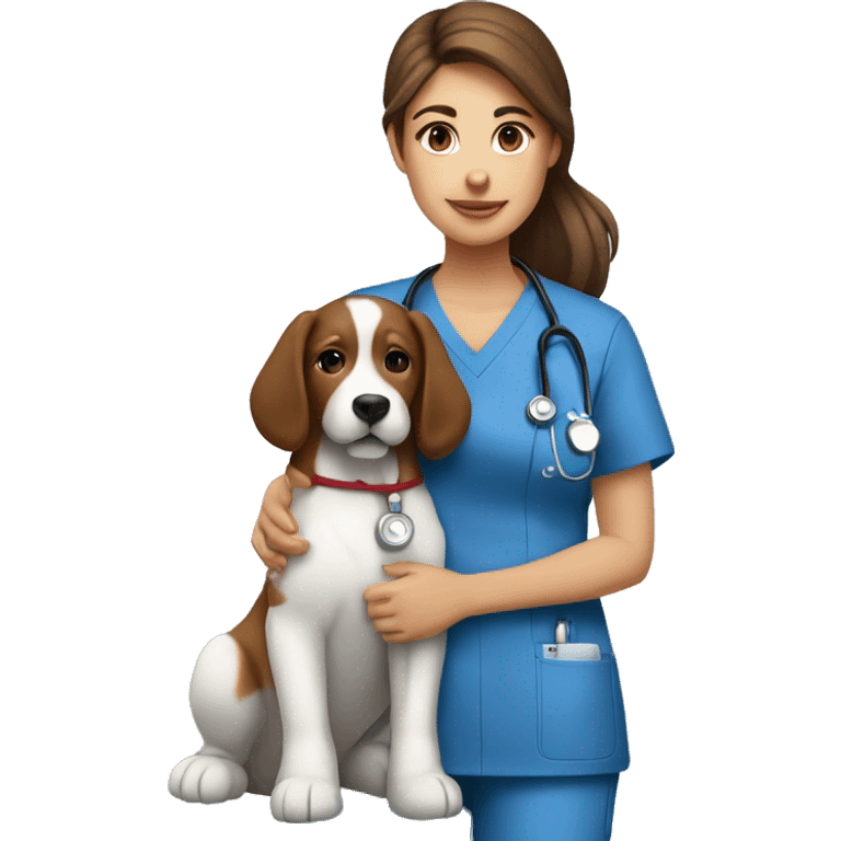 Nurse with long beautiful brown hair in blue scrubs wearing stethoscope with dog sitting next to her  emoji