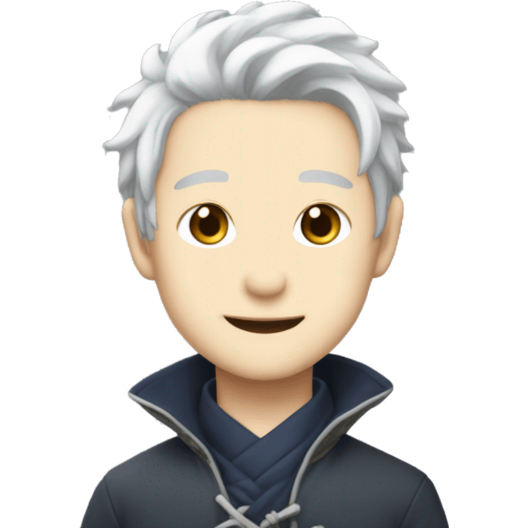 Satoru gojo, hidden eyes, white hairs ,cute smile, blushy cheeks. emoji