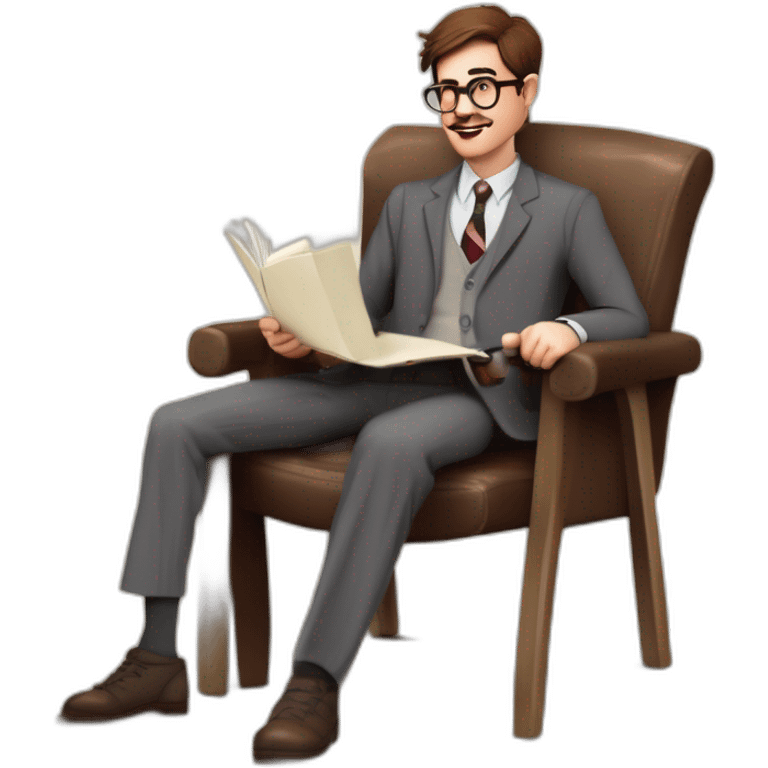 Joyful Celebrating victory Pale skinned Fit Man With dark brown hair in gray jacket, beige office shirt, Brown pants and vintage glasses sitting In a soft chair with a notebook and a pen emoji