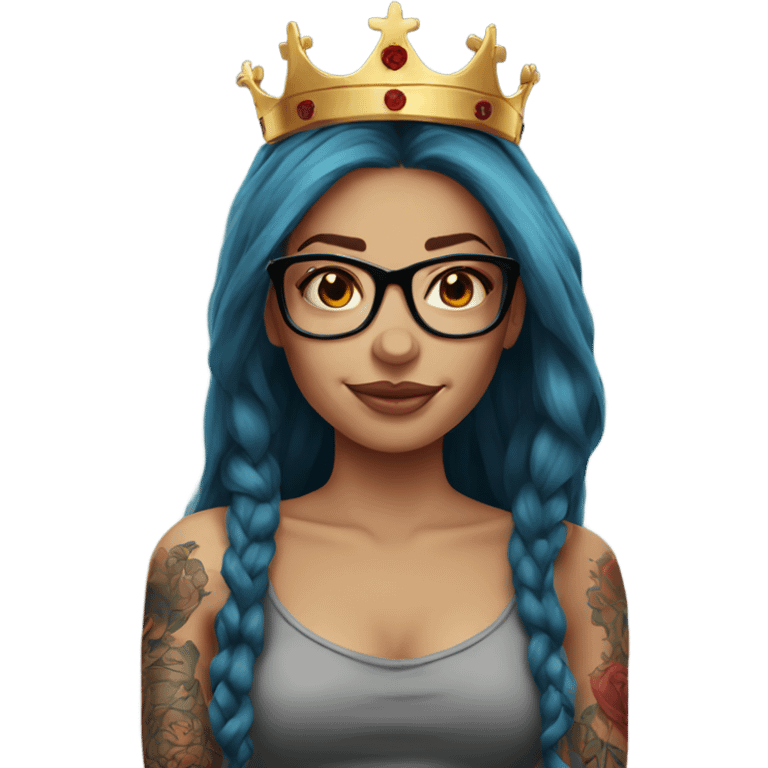 Beautiful girl, long red hair, tattoos, glasses and a crown emoji