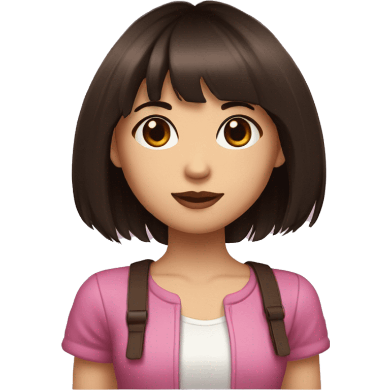 girl with dark brown choppy shoulder-length hair and straight, blunt bangs with dark pink streaks, brown eyes and fair skin with a few moles emoji