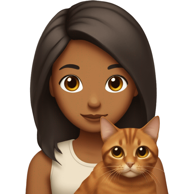 brown girl with black long hair holding a ginger cat and also a tortoiseshell cat emoji