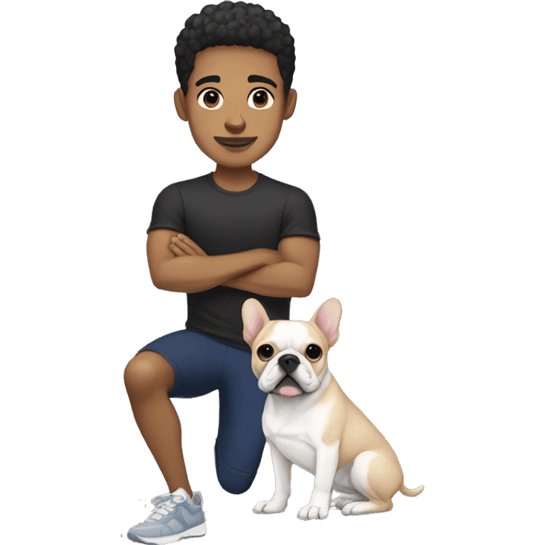 light skin athletic male with short black hair holding a french bulldog emoji