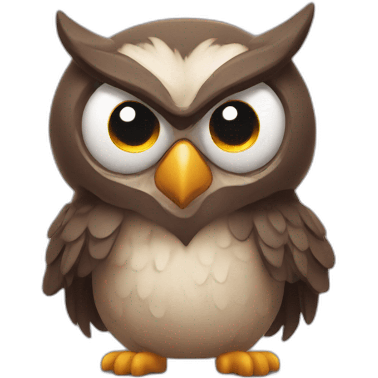 owl with with devil horns, a wide grin, and eyes and eyebrows scrunched downward, looks angry emoji