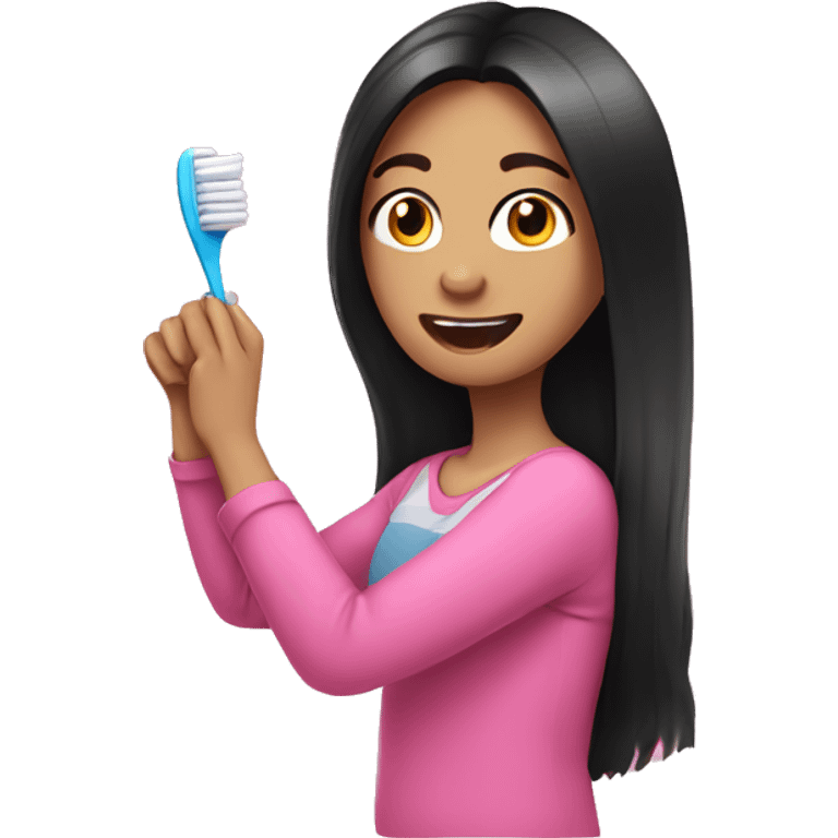 Brunette girl, Black long hair, pink shirt, brushing teeth  emoji