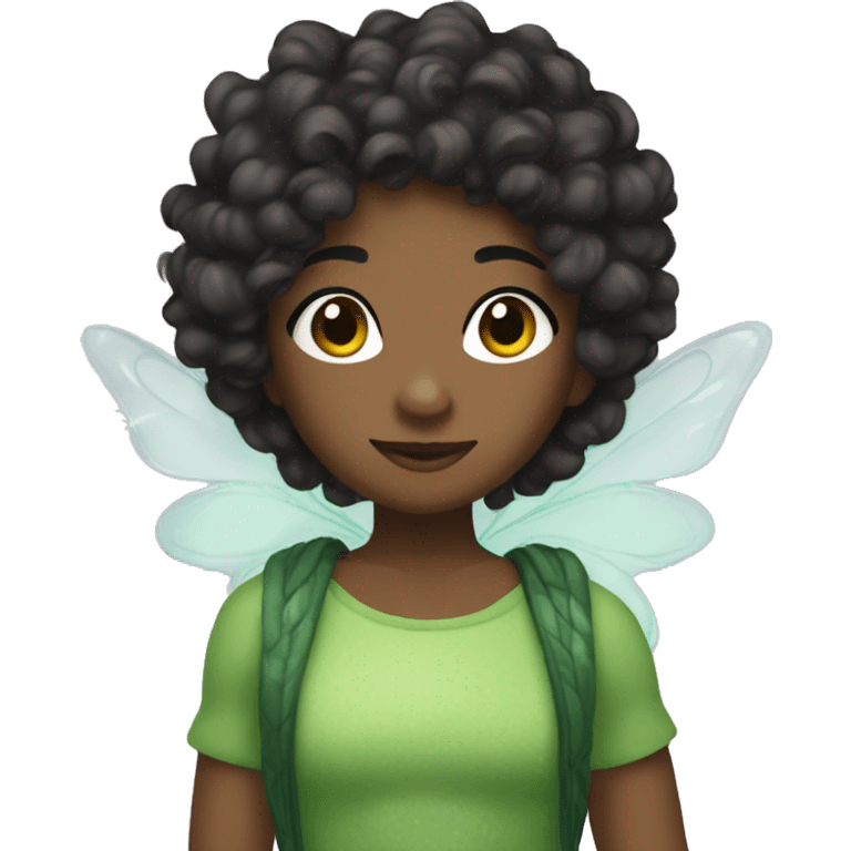 Dreamy fairy with brown skin and black curly hair and green putfit  emoji