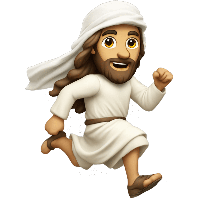 Jesus sprinting, with a large stride and winter hat emoji