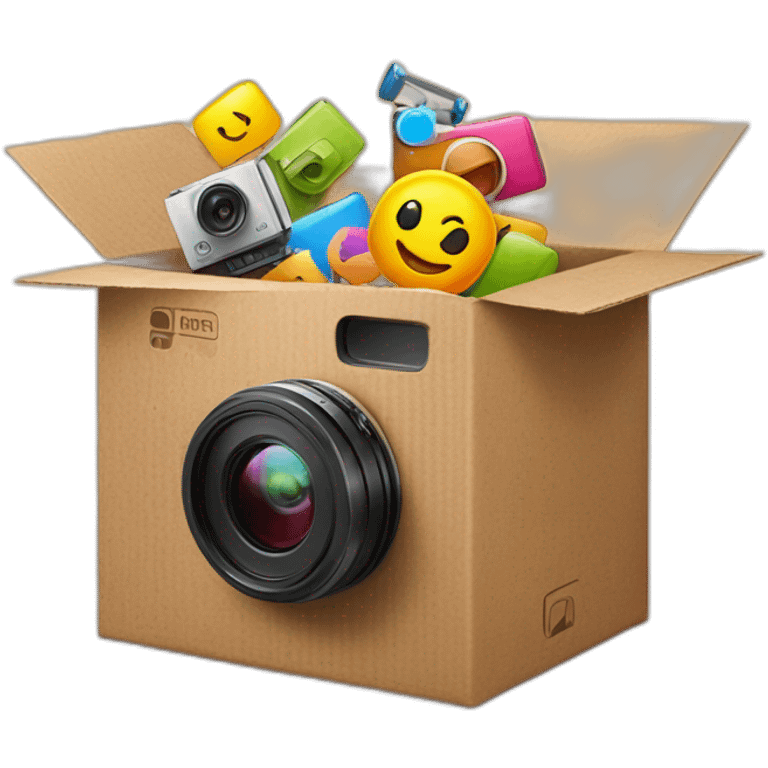 Video Camera, Instagram YouTube icons fly out from the Cardboard box emoji