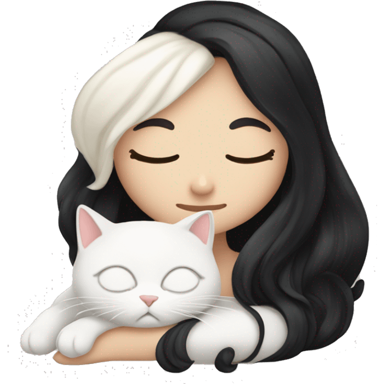 A pretty white girl with very long black hair and sleeping curled up to a white cat  emoji