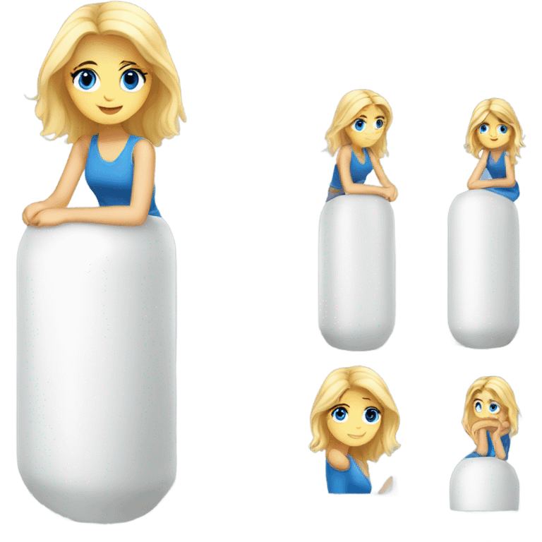 Pretty blonde haired girl with blue eyes sitting on a white cylinder  emoji