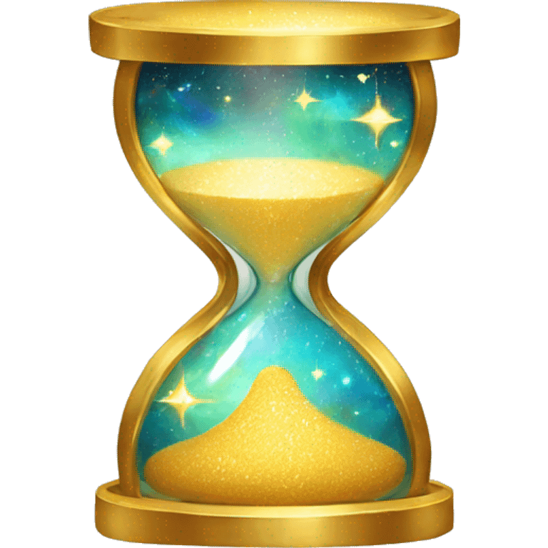 Gilded sparkling shimmering hourglass with nebula galaxy golden inside emoji