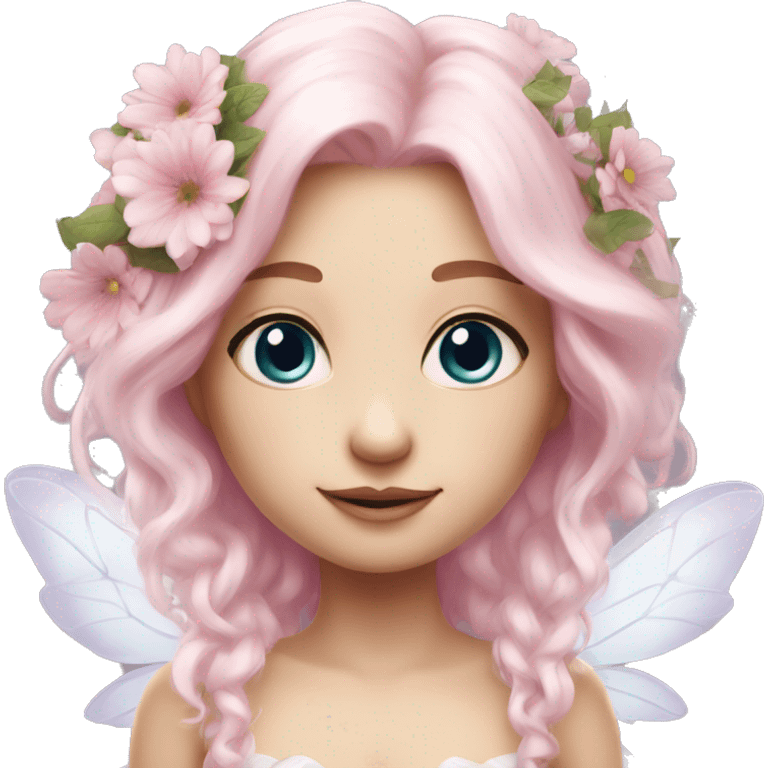 Beautiful, flower fairy, white long, light pink hair, big wings, fair skin, light viole eyes  emoji