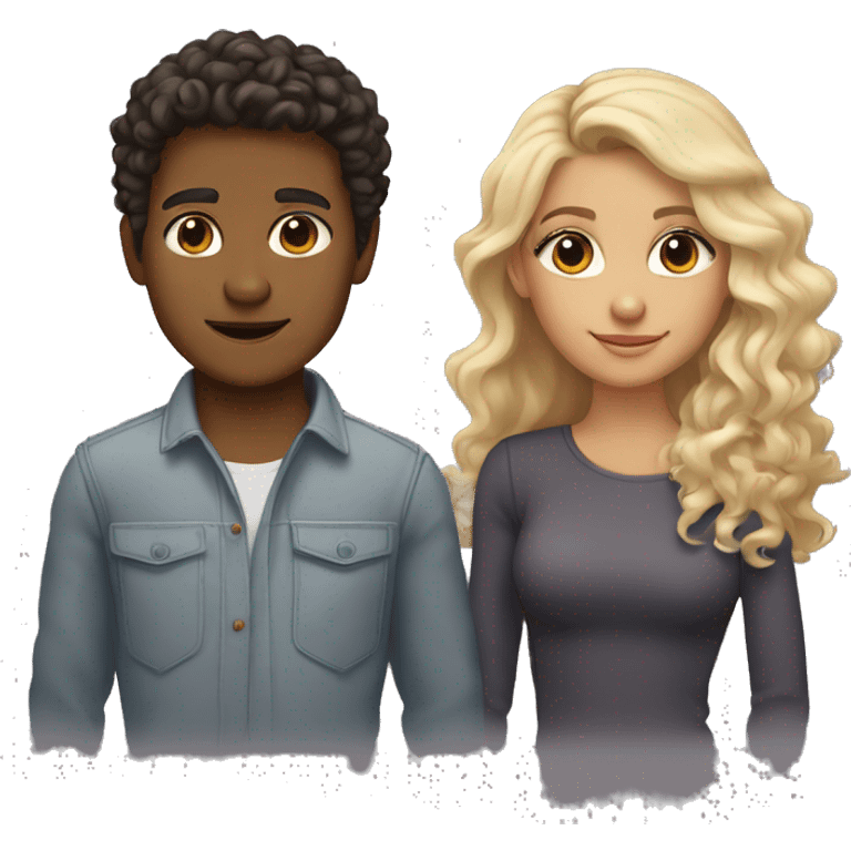 Tan skin girl with curly dark brown hair with dark brown eyes; with a  blonde guy with fair skin and straight hair with grey eyes emoji