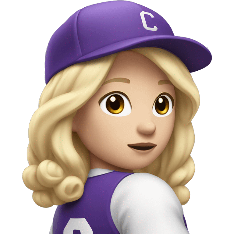 baseball card character. Blonde female shoulder length hair. letter C logo. Purple and white uniform. emoji