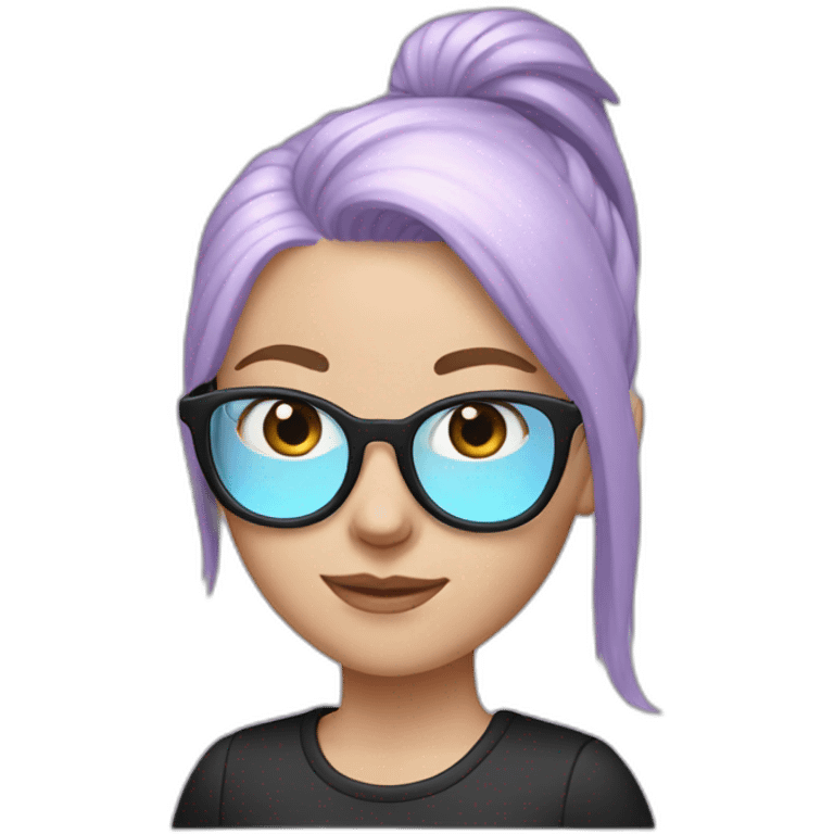 White girl with light purple hair with Ponytail and pastel pink and pastel blue glasses with a black shirt emoji