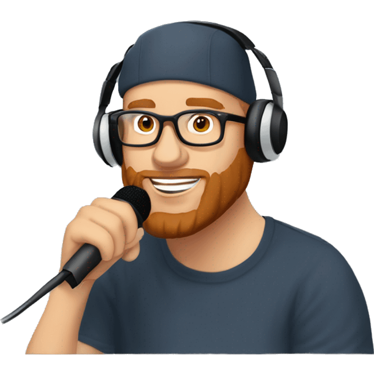 37 year old male, balding, with a snap back cap, red beard, headphones on, clear glasses, speaking into podcast microphone emoji