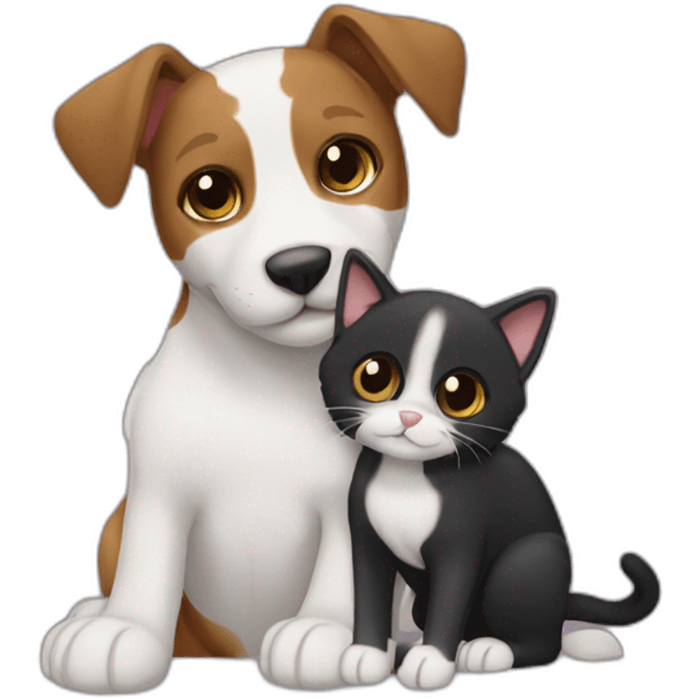 Black tabby cat cat cat feline and brown Jack Russell dog hugging emoji