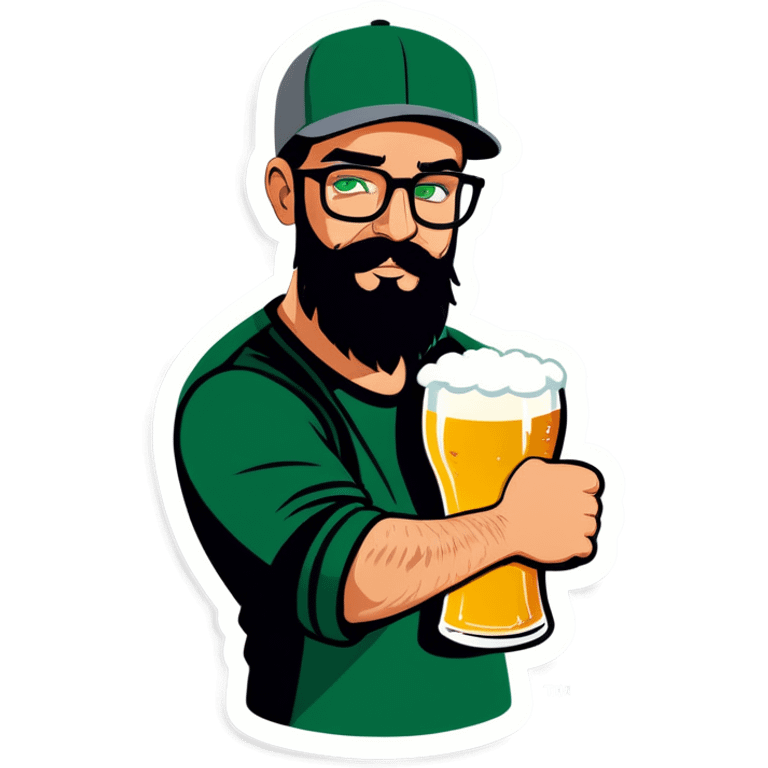 A bold man with a grey baseball cap, green eyes, big beard and glasses, drinking beer emoji