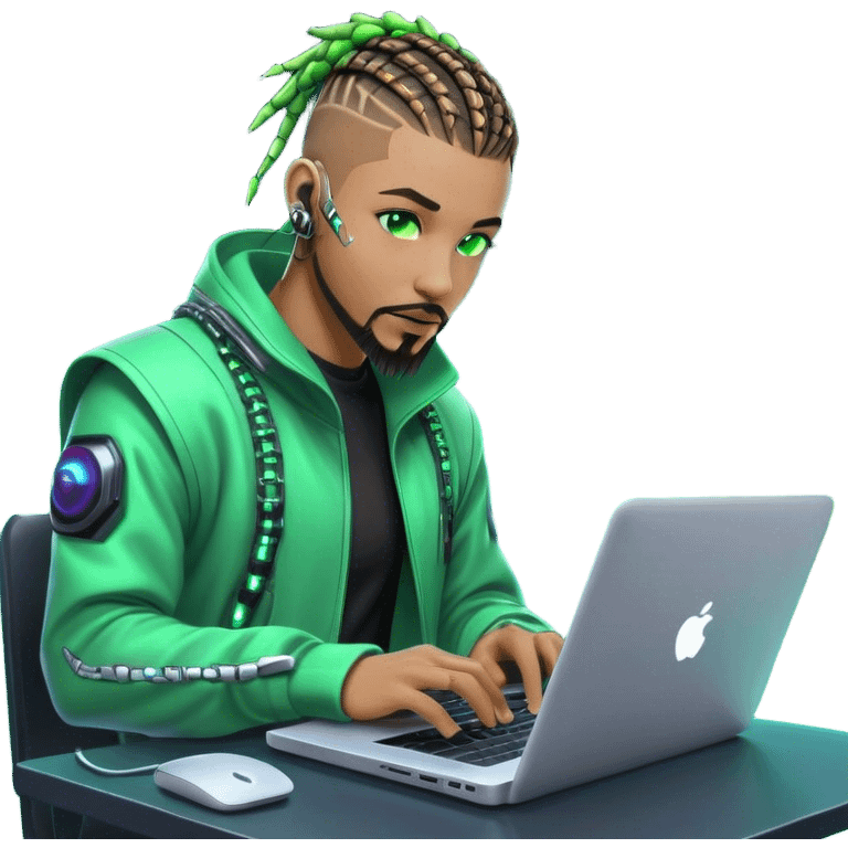 Light skinned African American male with green eyes as a cyberpunk hacker with cornrows hairstyle but short cornrows  with goatee facial hair  coding on laptop  emoji