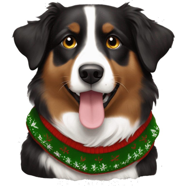 Black and brown Australian shepherd with Christmas sweater emoji