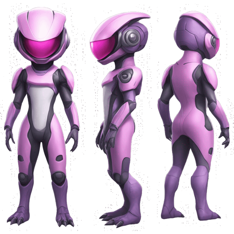 Lizard-Reptile-Raptor-Alien-Genesect-Mewtwo-Fakémon, with pink eyes, with a futuristic visor-helmet, wearing a techwear-suit, Full Body emoji