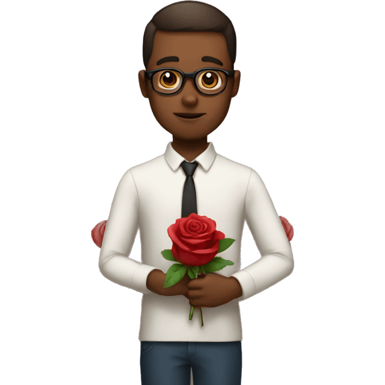 man with short hair glasses, holding rose and chocolate asking sorry emoji