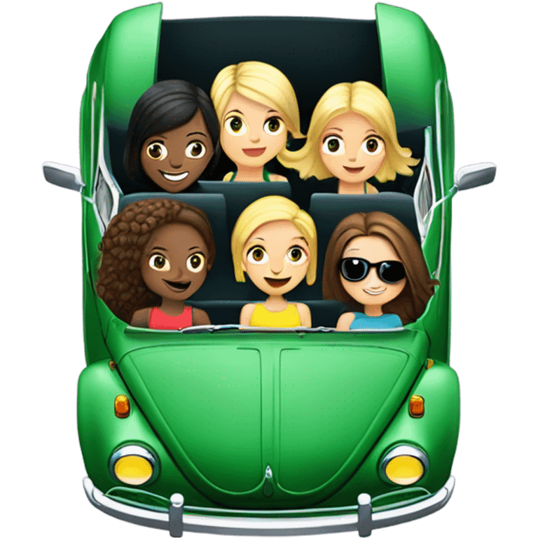 Two Caucasian blonde girls plus two Caucasian brunette girls in a green VW beetle convertible emoji