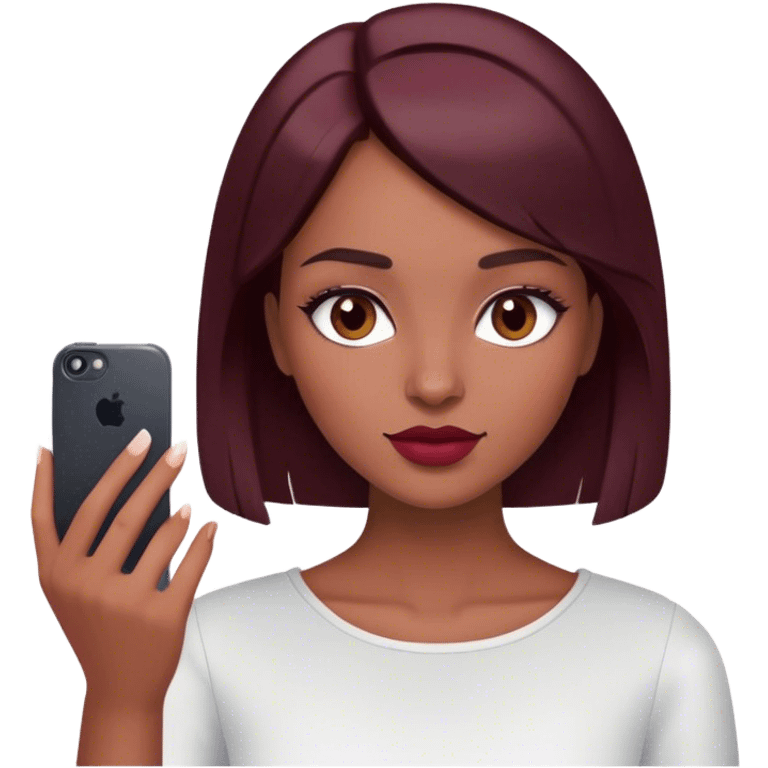 A brunette girl with a square hairstyle , selfie burgundy emoji