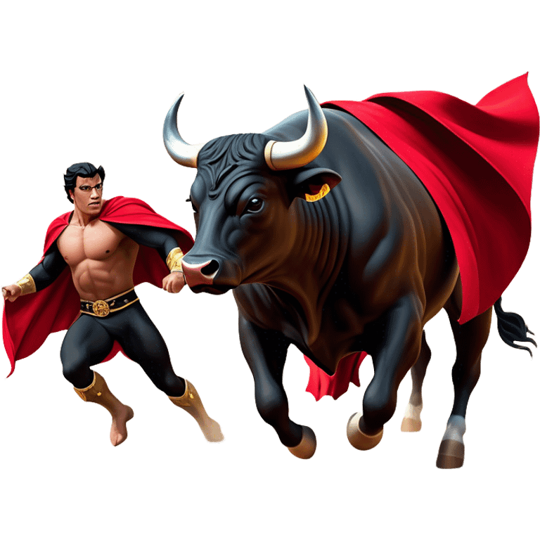 ​Cinematic Realistic black charging bull, against a matador depicted in a flowing red cape, captured in the dramatic moment of confronting a charging bull in a traditional bullring, rendered with dynamic motion and dramatic lighting that encapsulates the intensity and artistry of the spectacle, emoji