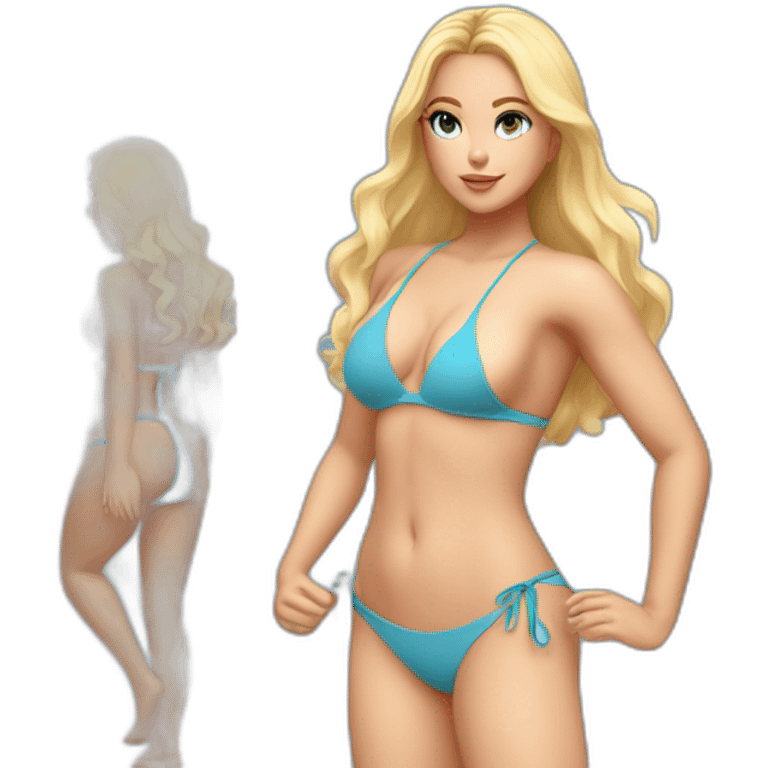 One Slim-thicc Caucasian woman with blue-eyes and blond-hairs bikini hands-in-hair pose (beach body) full body emoji