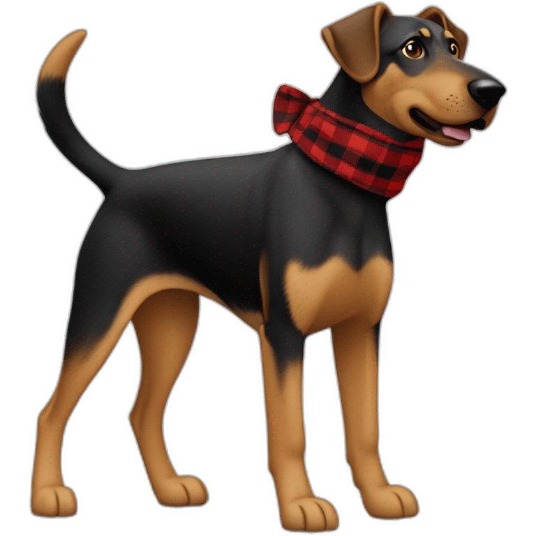 adult 75% Coonhound 25% German Shepherd mix dog with visible tail wearing small pointed red buffalo plaid bandana full body walking left quickly emoji