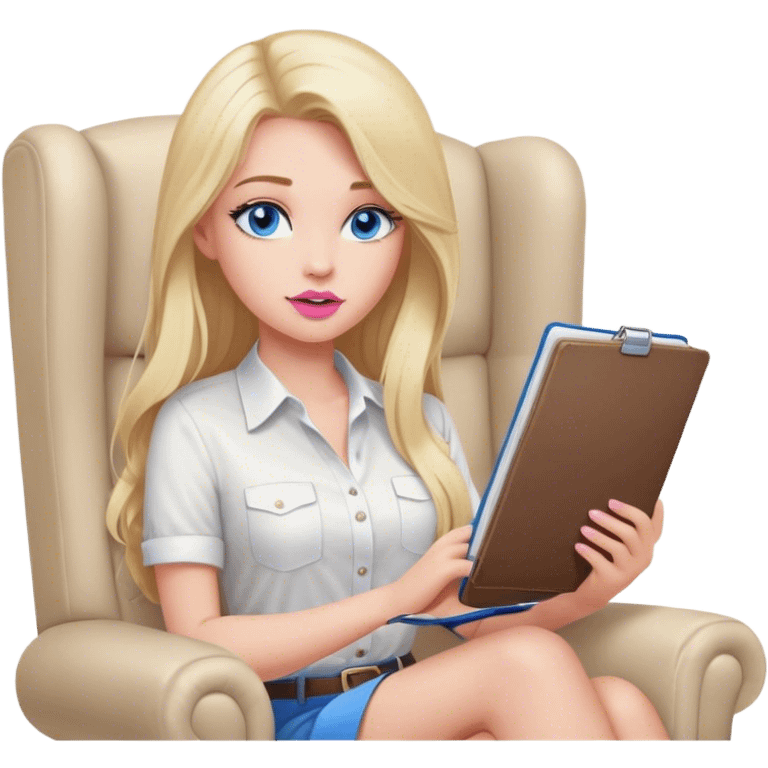 Cinematic realistic blonde with long hair, blue eyes and pink lips, sitting in a beige armchair with a notebook and pen in her handsshirt, sits in a beige armchair with a notebook and pen in her hands emoji