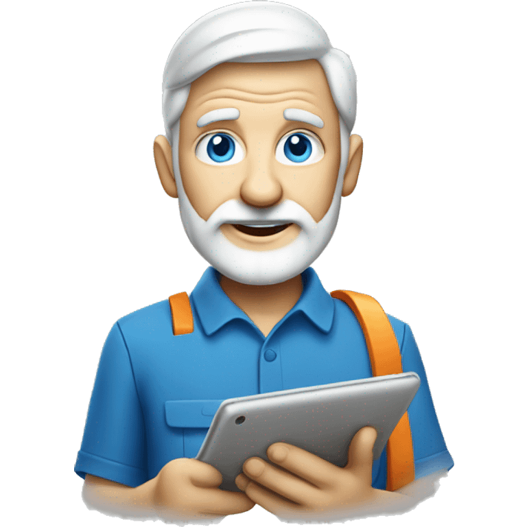 senior electrician with light beard and blue eyes having large tablet  emoji