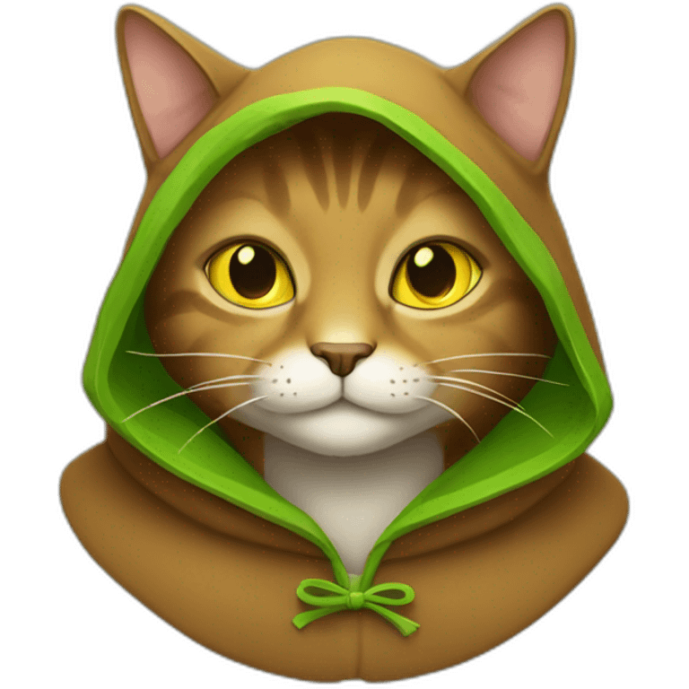 brown cat with yellow eyes and a green hood that smiling emoji