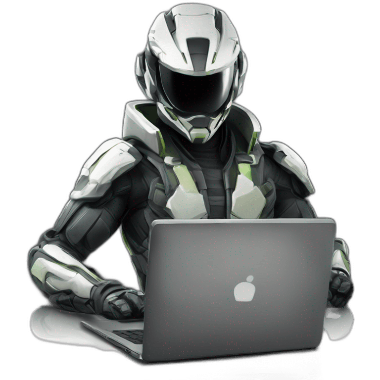 Side view developer behind his laptop with this style : Crytek Crysis Video game with nanosuit hacker themed character emoji