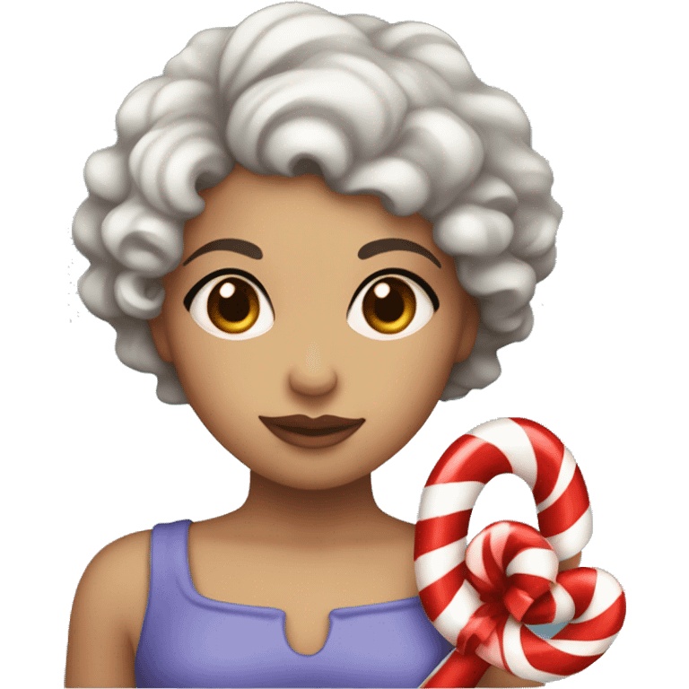 Girl With short Curly hair and dark brown hair and dark brown eyes holding a candy cane  emoji