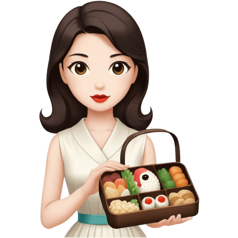 Beautiful woman in 1950’s woman fashion look, white dress, long dark brown hair, Japanese bento emoji