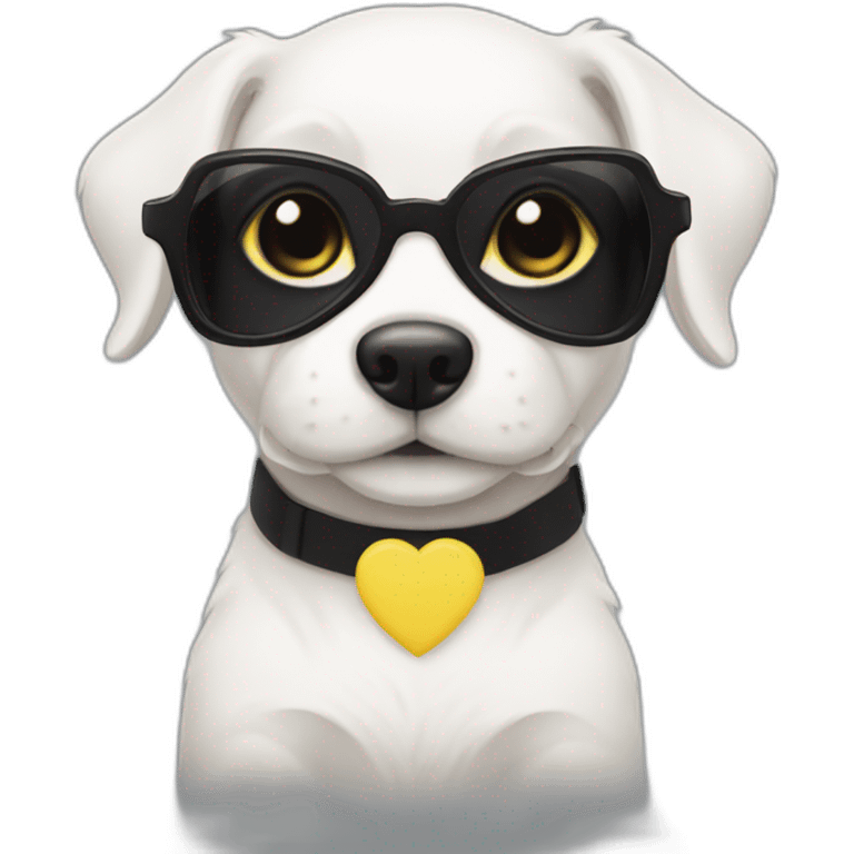 completely white puppy in yellow square glasses with a black dress emoji