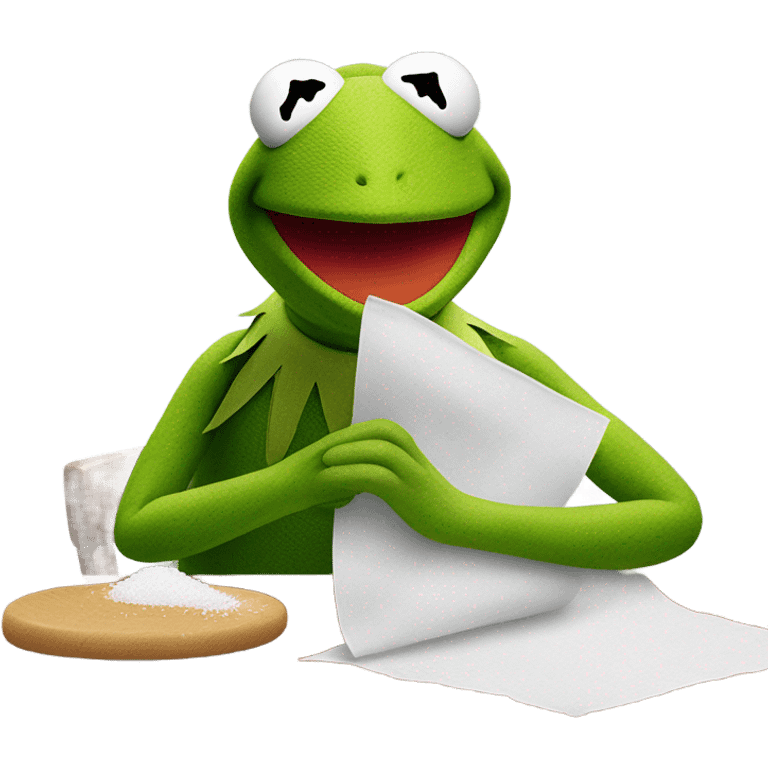 Kermit the frog holding rolled up paper with sugar on the table in front of him emoji