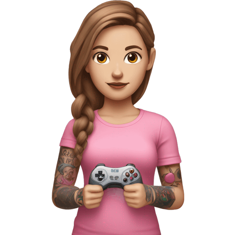 White girl with arm tattoo and brown hair holding a pink game controller emoji