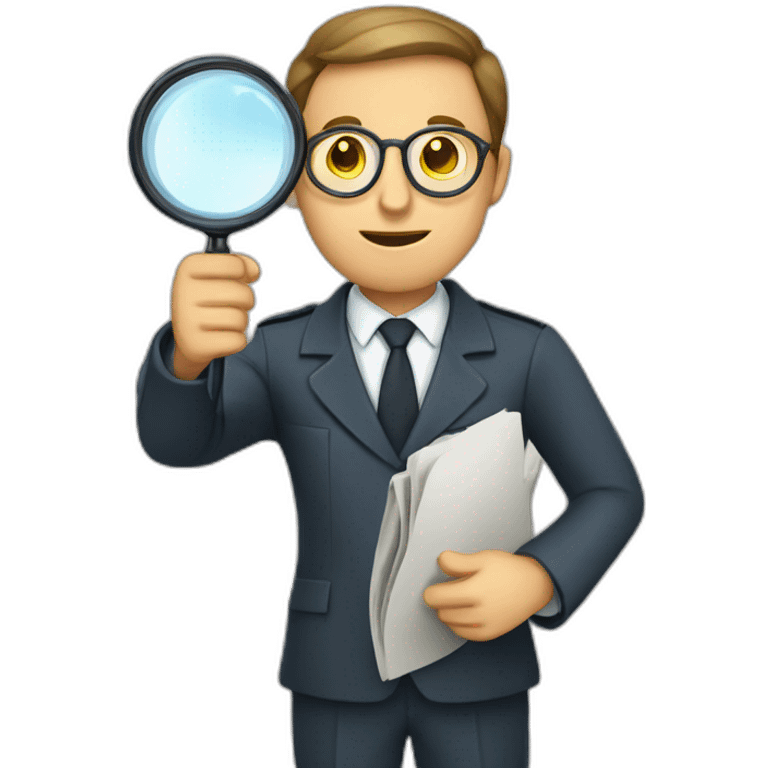 An inspector who holds a magnifying glass in front of his eyes and who hides behind a newspaper emoji