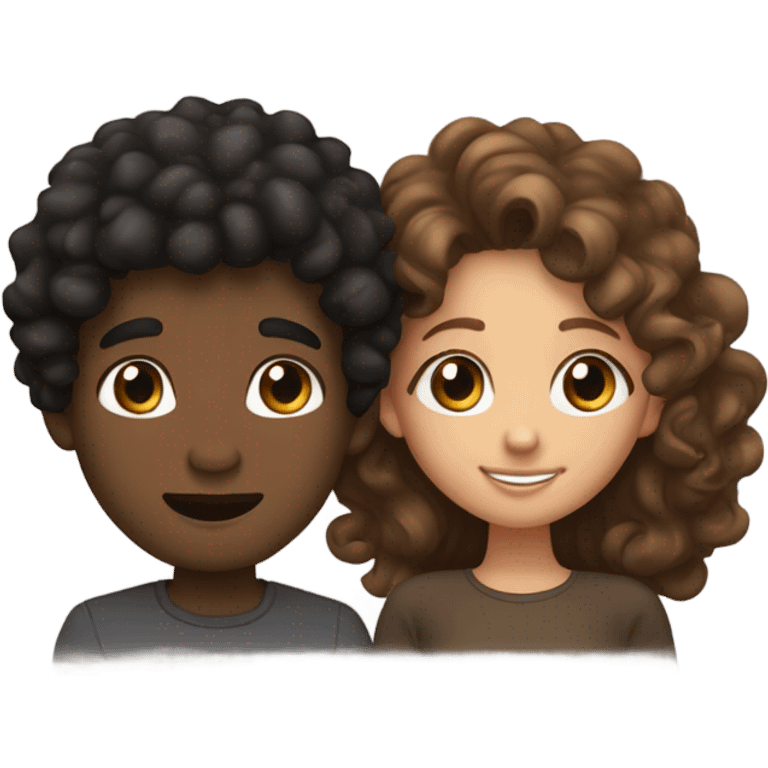 curly guy with black hair, brown eyes, dark skin kisses girl with light brown hair, brown eyes and white skin emoji