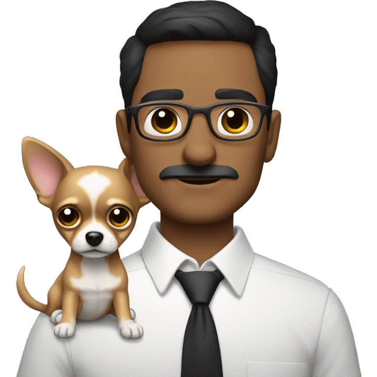 dark hair dark eye man with short mustache wearing glasses holding chihuahua emoji