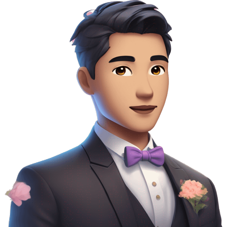 Gorgeous romantic anime style Asian formal modern gentlemanly guy with flowers and blushing face aesthetic trending style outside with colorful gradient bright light colors emoji