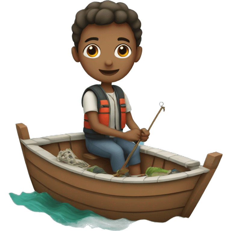 Boy on boat with fish emoji