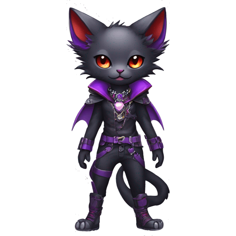 cool kawaii edgy evil techwear black purple red ethereal fantasy beautiful elegant nargacuga-bat-cat-Fakemon wearing legs spats a collar harness with jewelries full body emoji